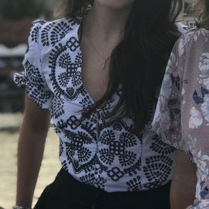 Zara Black and White Embroidered Button Up Shirt